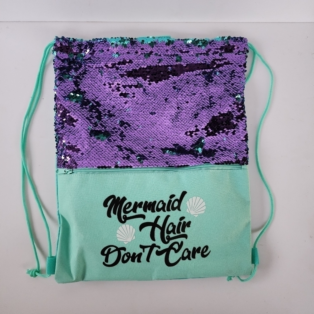 NWT Mermaid Hair Dont Care Sequins Aqua Purple Drawstring Backpack